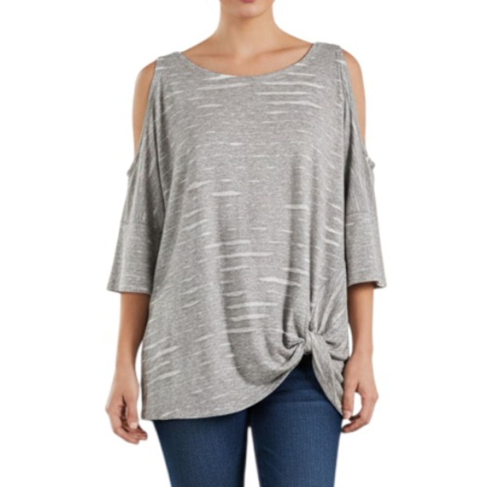 EE:SOME Semi-Sheer BURNOUT STRIPES Cold Shoulder TWIST HEM Gray BLOUSE/TOP Sz M